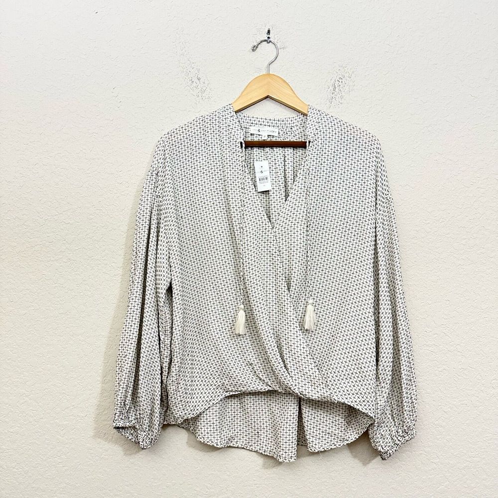 NWT LOU & GREY for LOFT L/S Faux Wrap V-Neck Blouse Tassel in Ivory